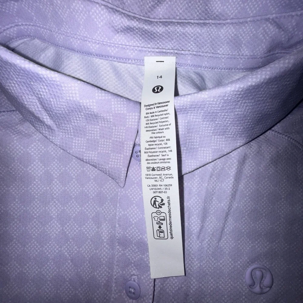 NWT LULULEMON Quick-Dry Sleeveless Polo Shirt Diamond Spot Lavender Size 14
